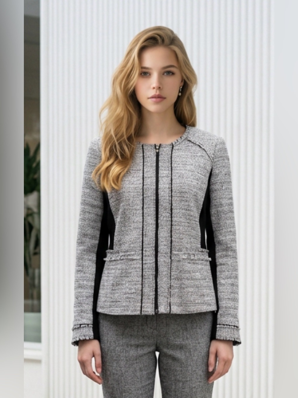 Dex Gray Tweed Zip-Front Blazer with Black Side Panels